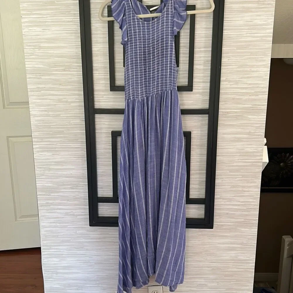 Free People denim chambray striped blue maxi dress ruched top. Xs